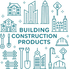 Obraz premium Illustration of building construction products with houses and tools on a light background