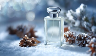 Elegant glass perfume bottle with silver cap on soft blue winter background featuring snow covered pine cones and branches, detailed clarity with bokeh effect highlighting luxury fragrance packaging