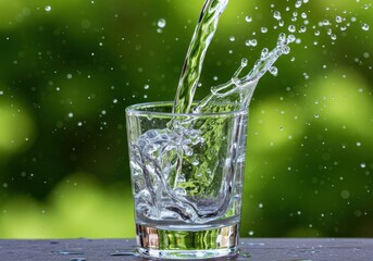 Crystal clear water splashing into a glass with a blurred green background and floating droplets