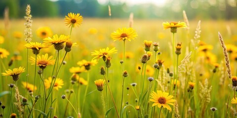 Yellow wildflowers blooming in a field with tall grass and wild weeds , meadow, flowers in field