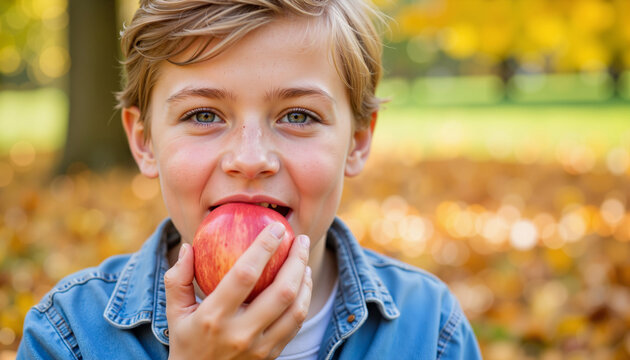 Young boy enjoying a red apple in autumn park, childhood joy - Powered by Adobe