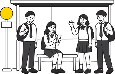 Students Waiting at Bus Stop School Commute Public Transportation Illustration
