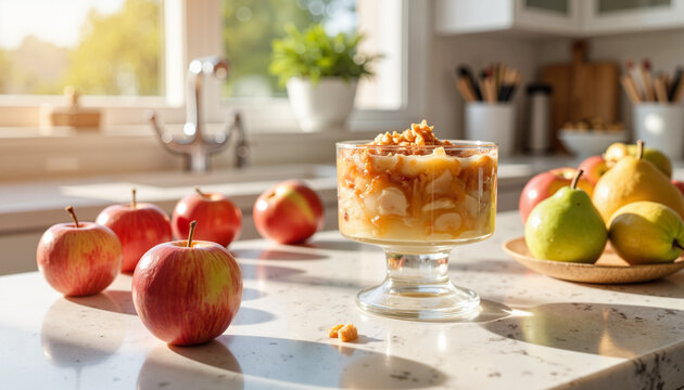 Apple compote in glass on kitchen island with fresh fruit, homely warmth