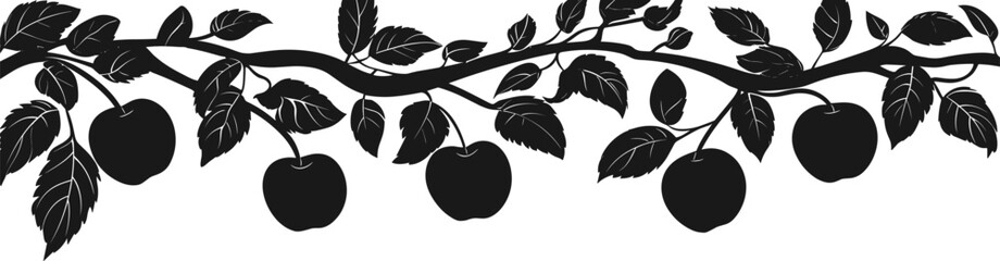Apple tree branches with leaves and apples. Horizontal vector border