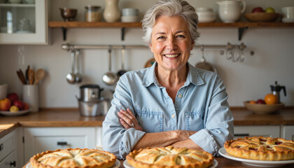 Smiling grandma baking apple pies in cozy country kitchen, home cooking