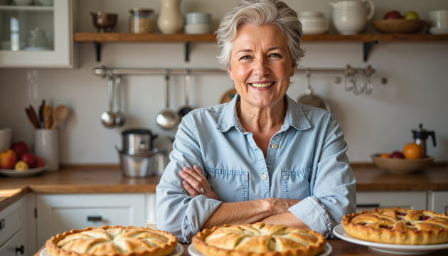 Smiling grandma baking apple pies in cozy country kitchen, home cooking