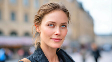 Stunning artistic portrait of a woman with striking blue eyes in a vibrant urban setting during a cloudy afternoon