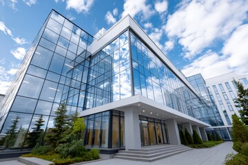Modern glass office building reflecting blue sky and clouds