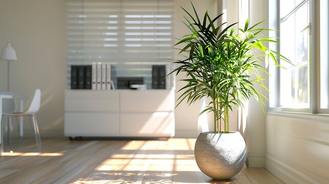 A quiet office space with a potted bamboo plant and diffused natural light