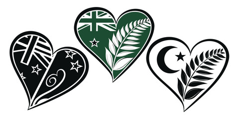 Set of heart shapes with the New Zealand flag. Designed for use in travel or tourism branding. Simple graphic elements with background and clipping mask in white background vector illustration.
