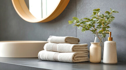 Relaxing bathroom concept featuring neatly stacked towels, elegant decor, and natural elements for a serene atmosphere