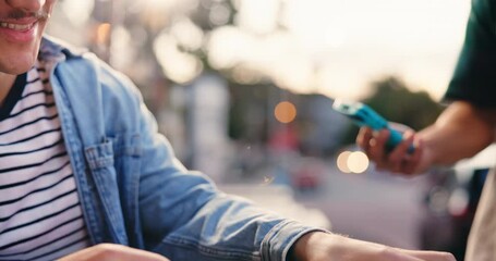 Hands, smartphone and machine with man, waiter and digital transaction with payment. Cafe, barista or customer in restaurant, cellphone or purchase with fintech, friendly service or point of sale - Powered by Adobe