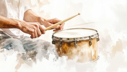 Soft Focus Hand Drumming Motion Blur On Canvas Featuring Brown Drumstick And Beige Drum