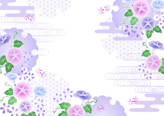 和柄 涼しげな朝顔 ベクター背景 日本の夏 紫 背景透過 Japanese pattern, cool morning glory, vector background, Japanese summer, purple background transparent