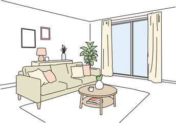 シンプルでおしゃれなリビングの線画イラスト