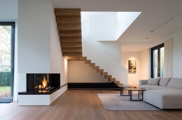 Cozy ambiance Modern living room with floating wooden stairs and a fireplace in a minimal clean