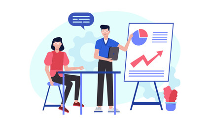 business coach giving feedback on client strategy deck flat vector illustration
