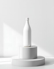 Minimalist Beverage Bottle Mockup on Stone Pedestal with Clean White Background