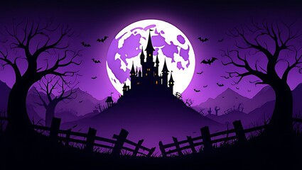 Spooky haunted castle silhouette under a large purple moon with bats flying