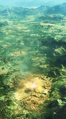 Fototapeta premium Expansive green landscape contrasted with a yellow impact site from above