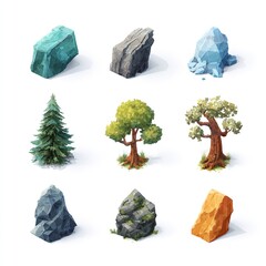 A whimsical collection of stylized rocks and trees evoking a fairytale forest with clean crisp art