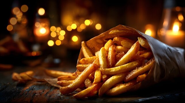 Crispy Golden French Fries in Paper Wrap on Wooden Table with Warm Festive Lights perfect for comfort food advertisements, fast food campaigns, restaurant menu designs and cozy dining visuals