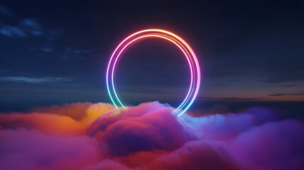 Futuristic Neon Ring Portal Above a Digital Circuit Platform Surrounded by Colorful Glowing Clouds in a Sci-Fi Night Sky