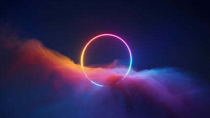 Futuristic Neon Ring Portal Above a Digital Circuit Platform Surrounded by Colorful Glowing Clouds in a Sci-Fi Night Sky