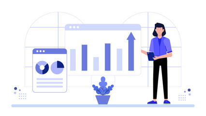 Sales team analyzing sales forecast and performance, flat vector illustration