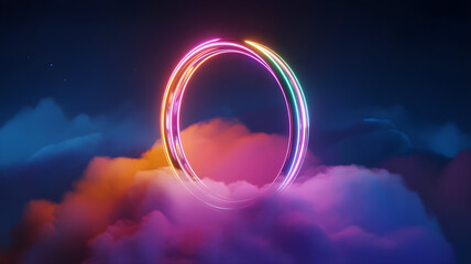 Futuristic Neon Ring Portal Above a Digital Circuit Platform Surrounded by Colorful Glowing Clouds in a Sci-Fi Night Sky