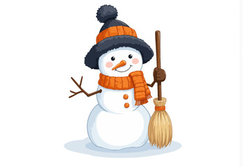 Cheerful snowman holding a broom and wearing a hat and scarf  