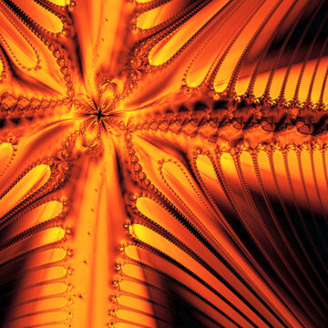 Surreal amber fractal swirls with chaotic curves and synthetic textures, evoking cosmic mystery and eerie, outlandish beauty.