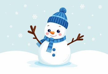 Cartoon snowman smiling with scarf and hat in snowy winter landscape  