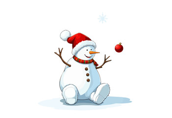 Cheerful snowman juggling a red ornament in winter scenery  