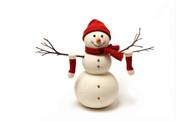 Fototapeta premium Snowman wearing red hat and scarf with branches for arms 