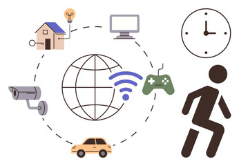Globe surrounded by smart objects including house, camera, car, gaming controller, clock, computer, symbolizing connectivity. Ideal for IoT, smart homes technology automation digital lifestyle