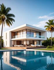 Fototapeta premium minimalist vacation home with pool palm trees. Minimalist concept of summer holiday, tropical escape