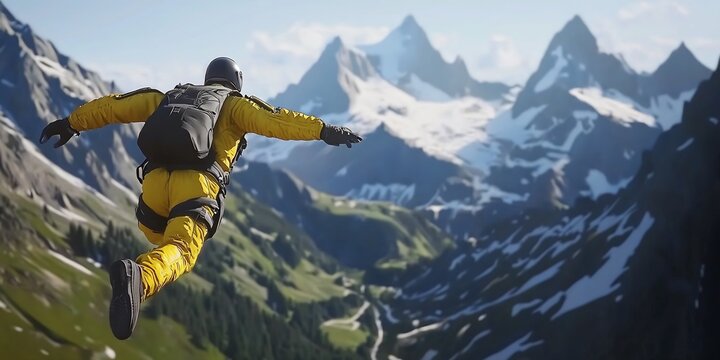 Skydiver in vivid yellow suit soaring over majestic alpine landscape in freefall
