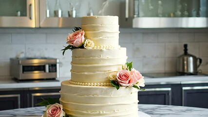 Elegant three-tier wedding cake adorned with pink and white roses in a modern kitchen setting
