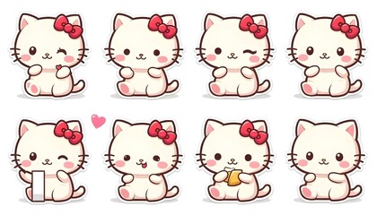 A set kit of kawaii chibi Kitty characters designed as emoji stickers. Cat Vector.