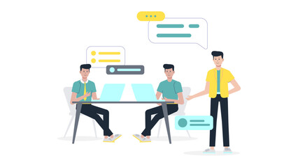 Entrepreneurs Working Together in Co-Working Space, flat vector illustration