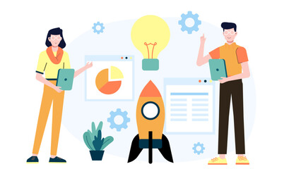Startup team brainstorming business revenue ideas, flat vector illustration