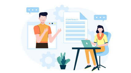 Freelancer negotiating contract terms with client, flat vector illustration