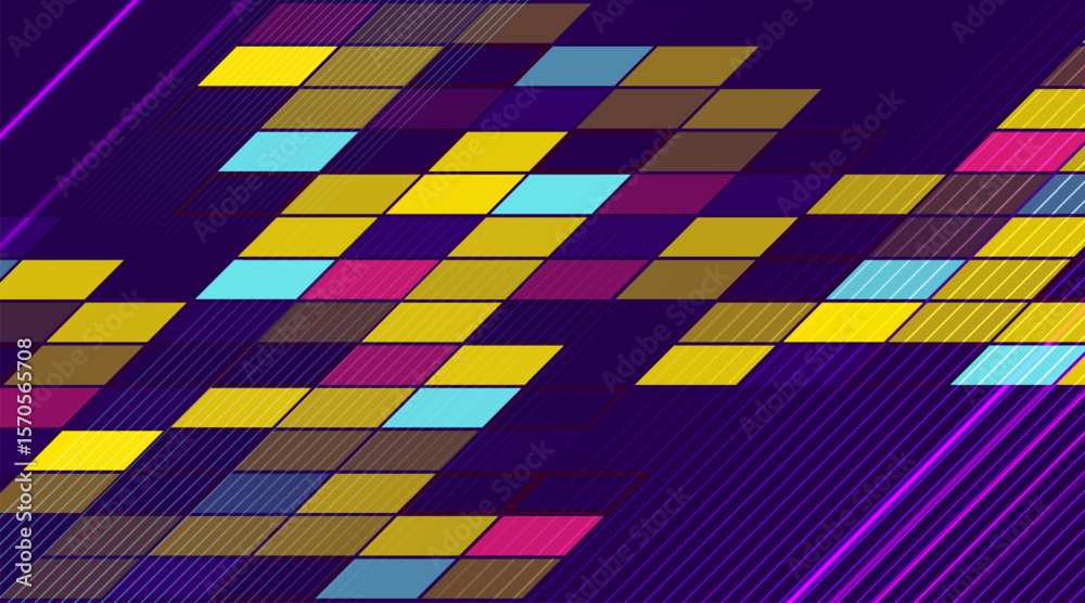 Poster Colorful geometric shapes tech abstract background with neon lines. Vector design