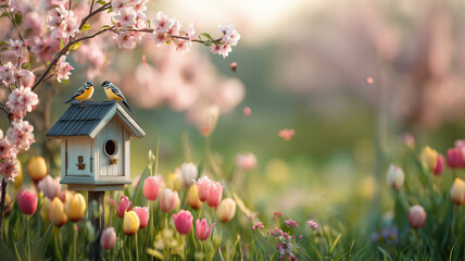 Birdhouse with cherry blossoms and tulips in spring garden setting