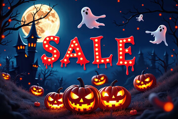 Halloween Sale Display with Pumpkins Ghosts and Haunted Castle for Seasonal Promotions and Festive Advertising Campaigns