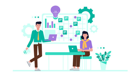 Startup team brainstorming business revenue ideas, flat vector illustration