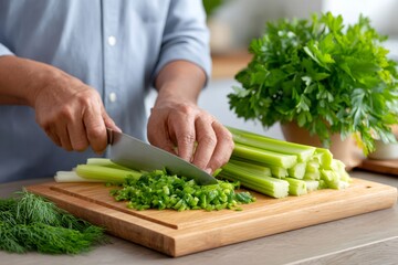 Chef chopping celery on wooden cutting board, preparing healthy meal in the kitchen