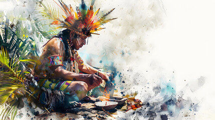 watercolor painting style Aztec shaman 