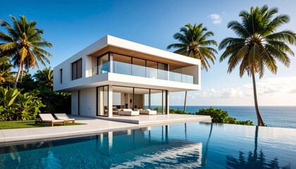 Fototapeta premium minimalist vacation home with pool palm trees. Minimalist concept of summer holiday, tropical escape
